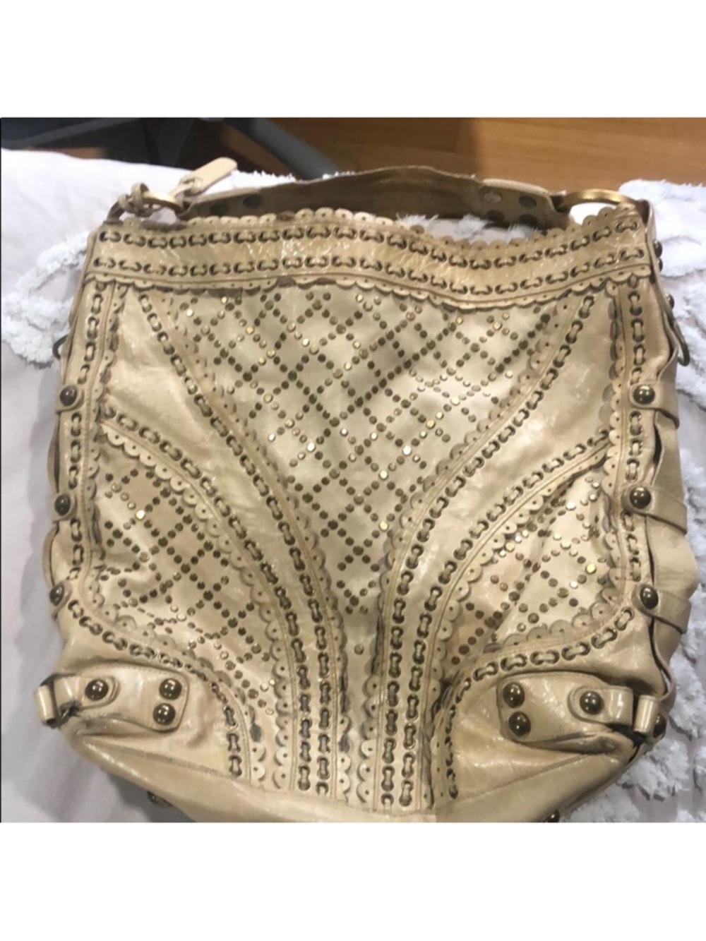 Isabella Fiore Beige Studded Leather Hobo